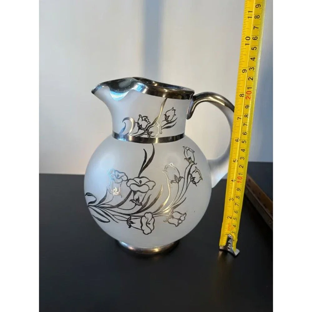 Frosted White Glass Pitcher Silver Overlay Floral Vintage